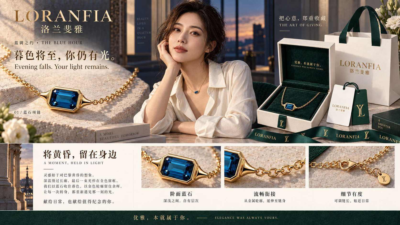 蓝调之约，蓝色阶面主石 · 金色包边 · 椭圆链节